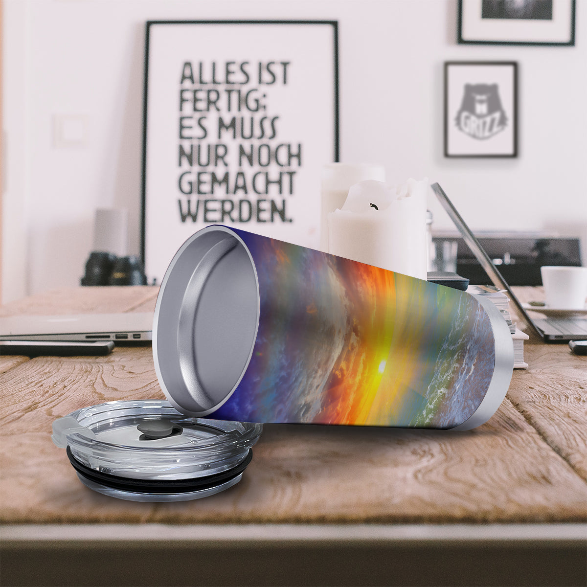 Sunset And Rainbow On Beach Print Tumbler-grizzshop