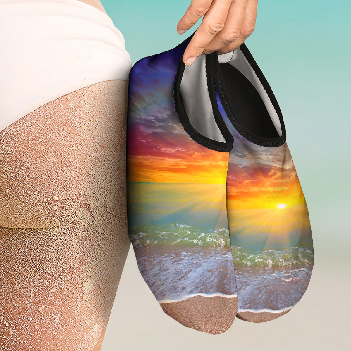 Sunset And Rainbow On Beach Print Water Shoes-grizzshop