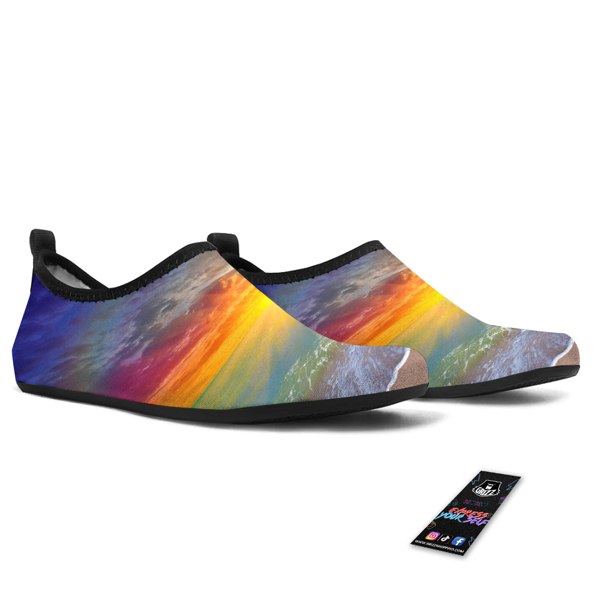 Sunset And Rainbow On Beach Print Water Shoes-grizzshop