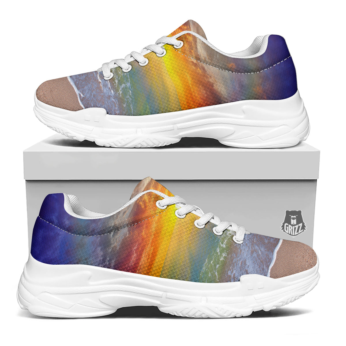 Sunset And Rainbow On Beach Print White Chunky Shoes-grizzshop