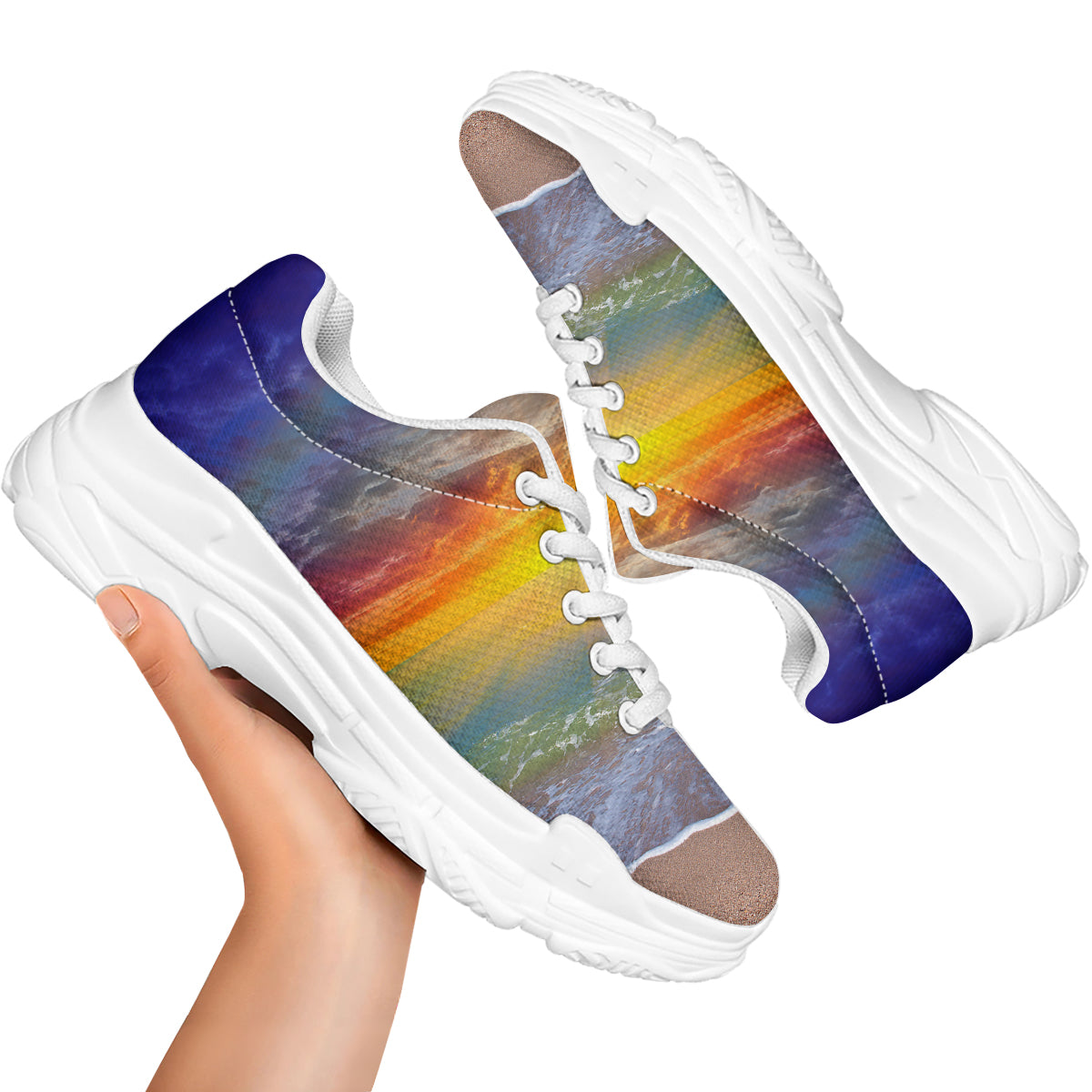 Sunset And Rainbow On Beach Print White Chunky Shoes-grizzshop