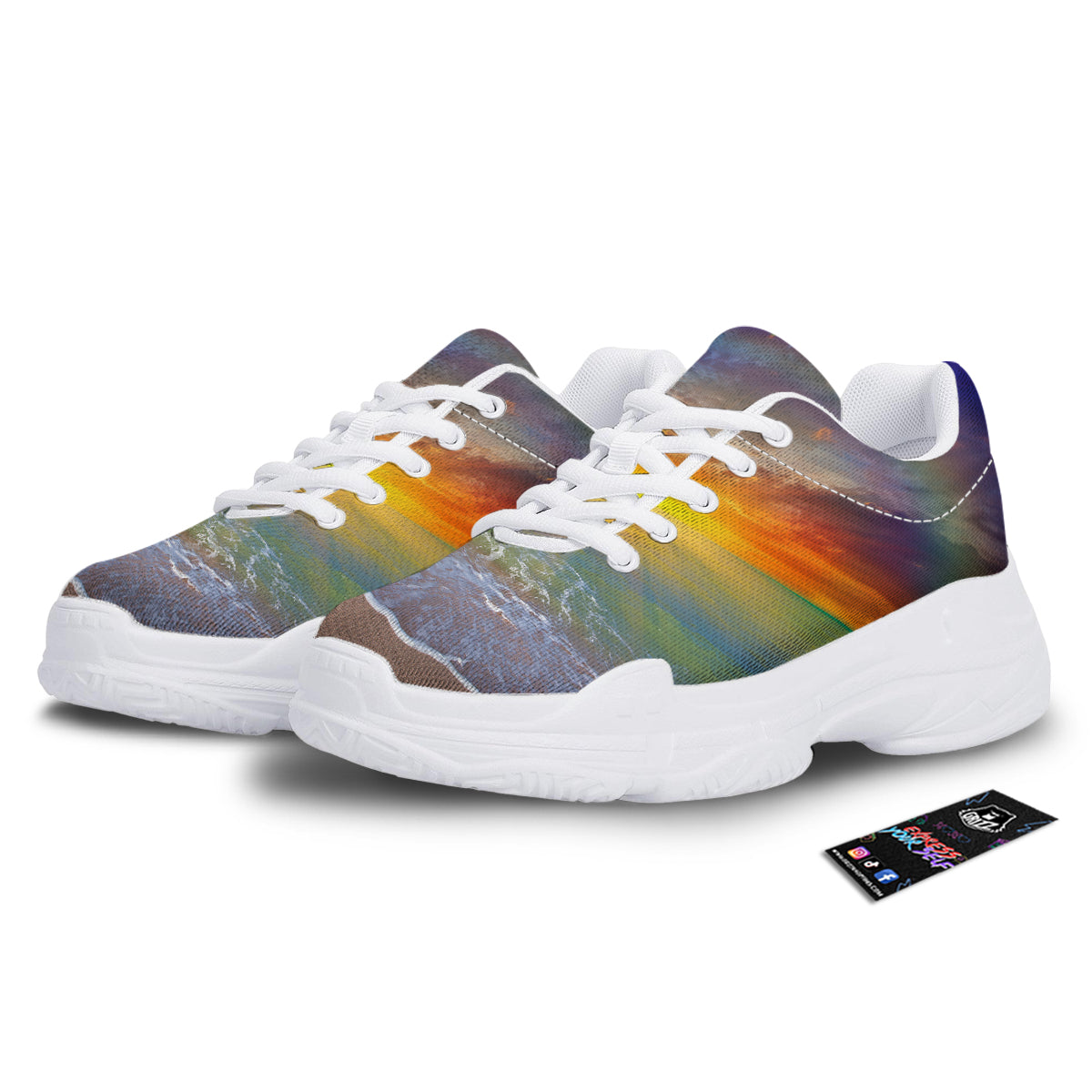 Sunset And Rainbow On Beach Print White Chunky Shoes-grizzshop