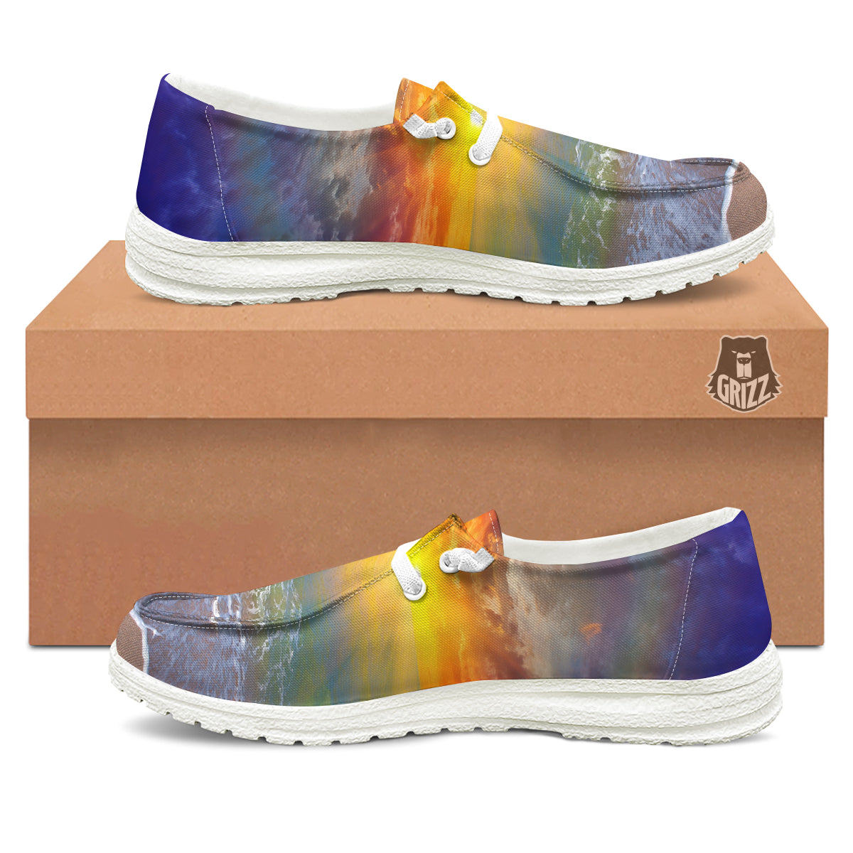 Sunset And Rainbow On Beach Print White Loafers-grizzshop