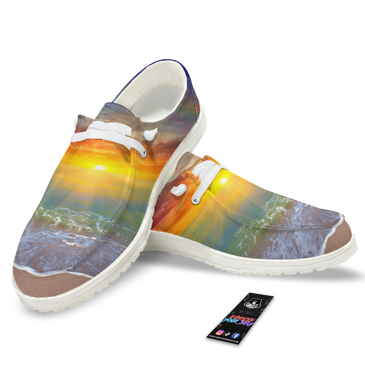Sunset And Rainbow On Beach Print White Loafers-grizzshop
