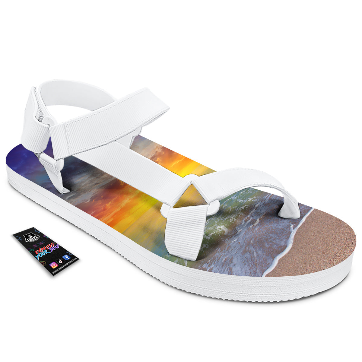 Sunset And Rainbow On Beach Print White Open Toe Sandals-grizzshop