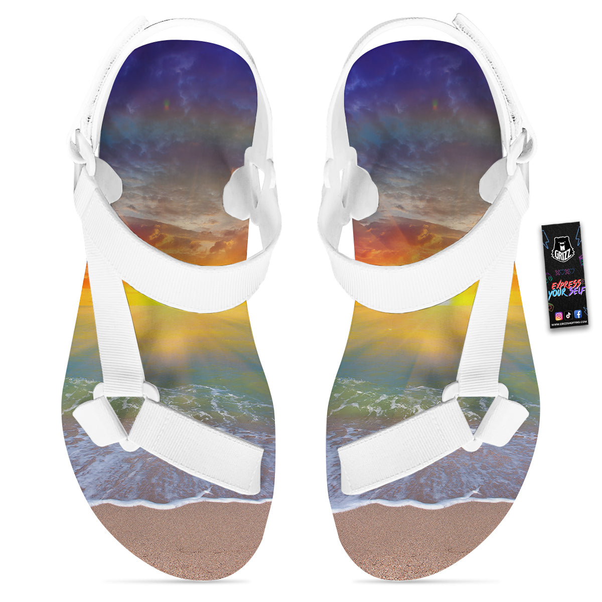 Sunset And Rainbow On Beach Print White Open Toe Sandals-grizzshop