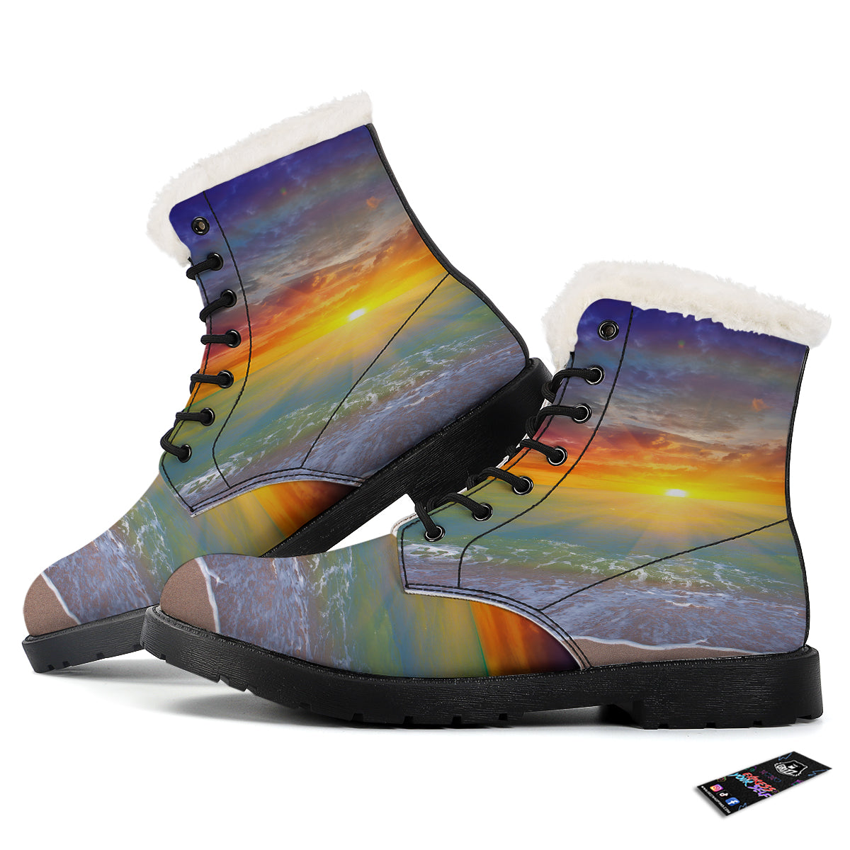 Sunset And Rainbow On Beach Print Winter Boots-grizzshop