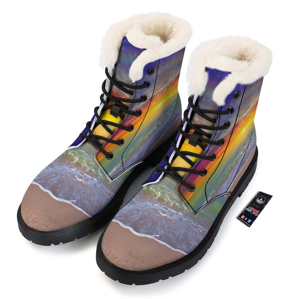 Sunset And Rainbow On Beach Print Winter Boots-grizzshop