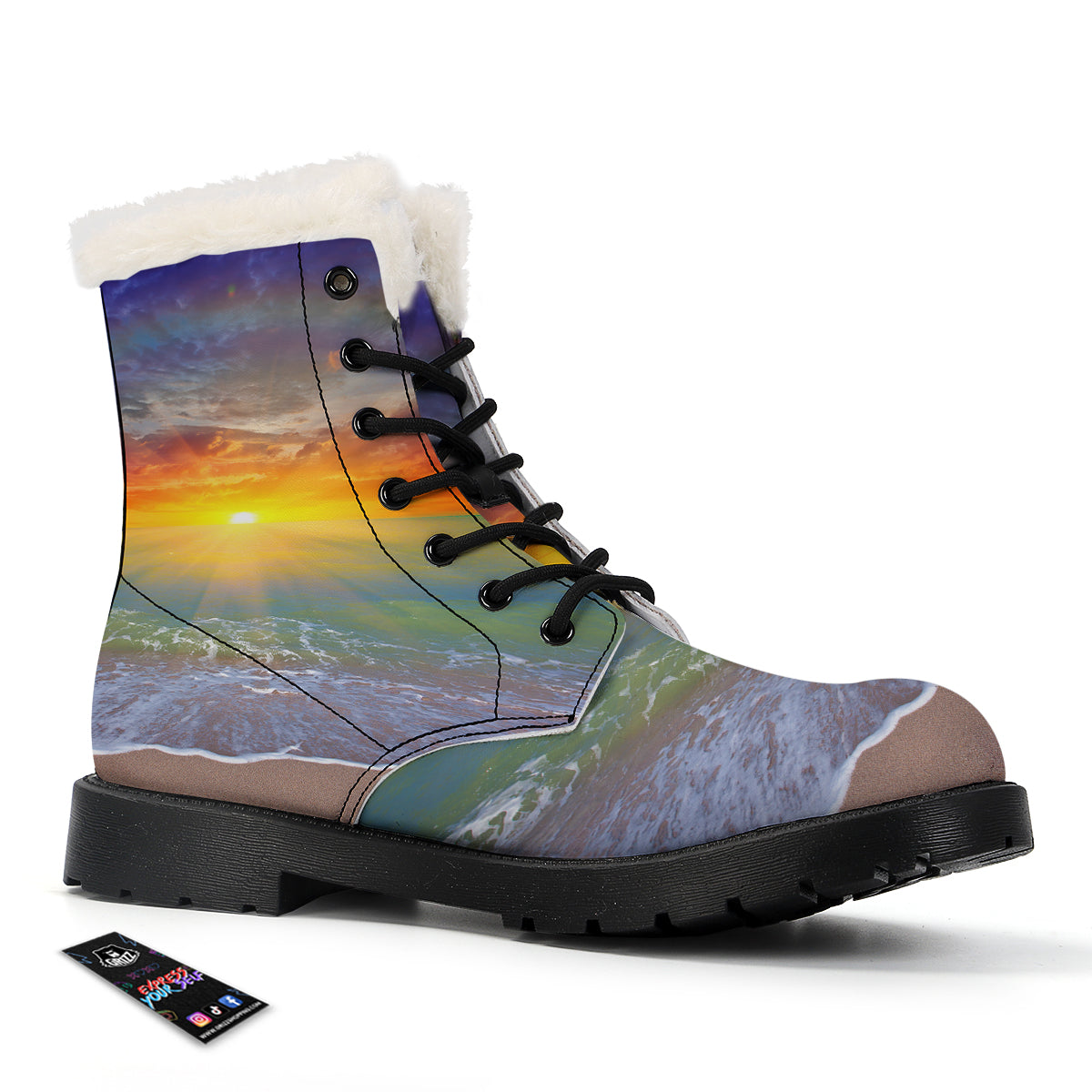 Sunset And Rainbow On Beach Print Winter Boots-grizzshop