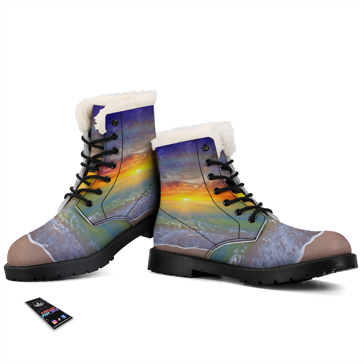 Sunset And Rainbow On Beach Print Winter Boots-grizzshop