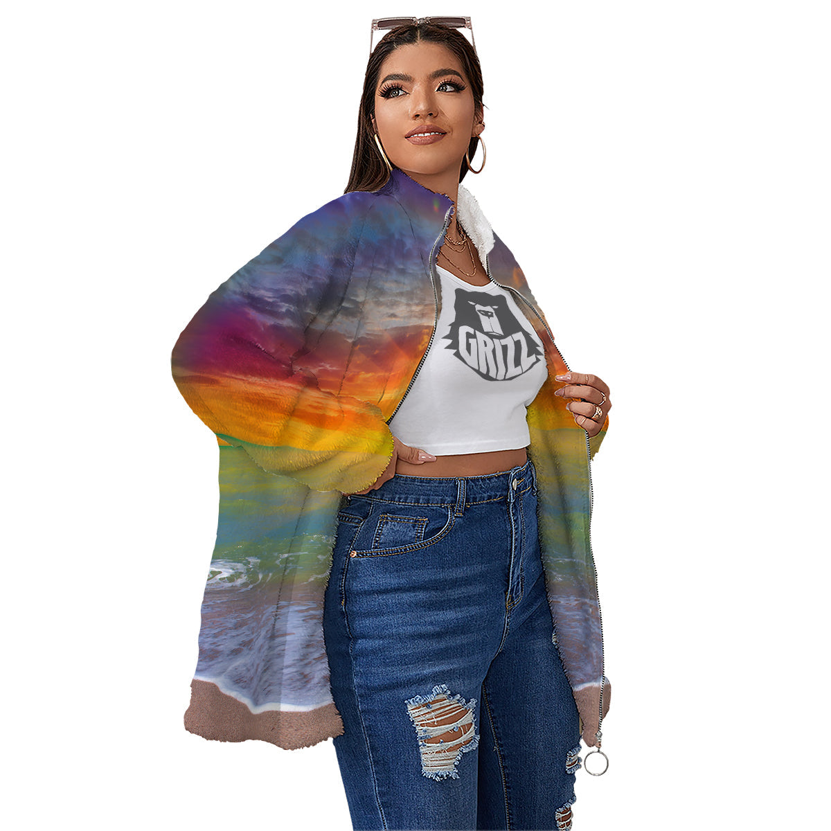 Sunset And Rainbow On Beach Print Women's Sherpa Jacket-grizzshop