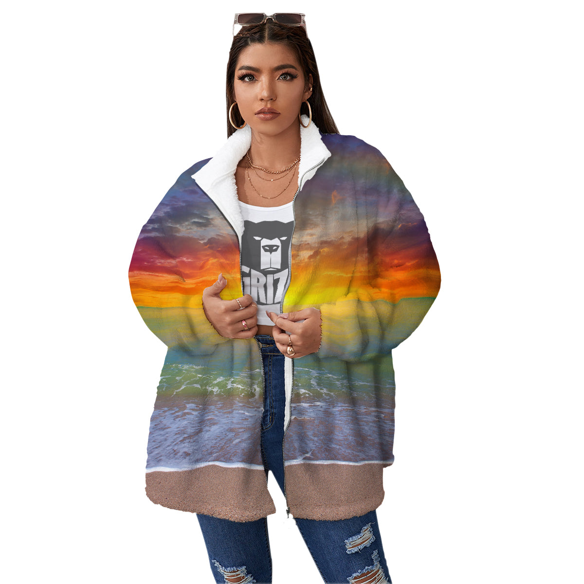 Sunset And Rainbow On Beach Print Women's Sherpa Jacket-grizzshop