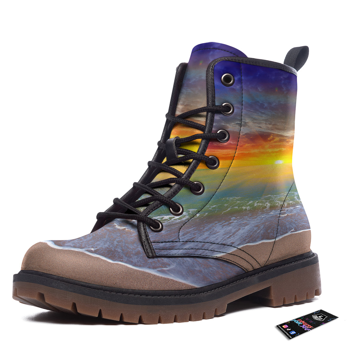 Sunset And Rainbow On Beach Print Work Boots-grizzshop