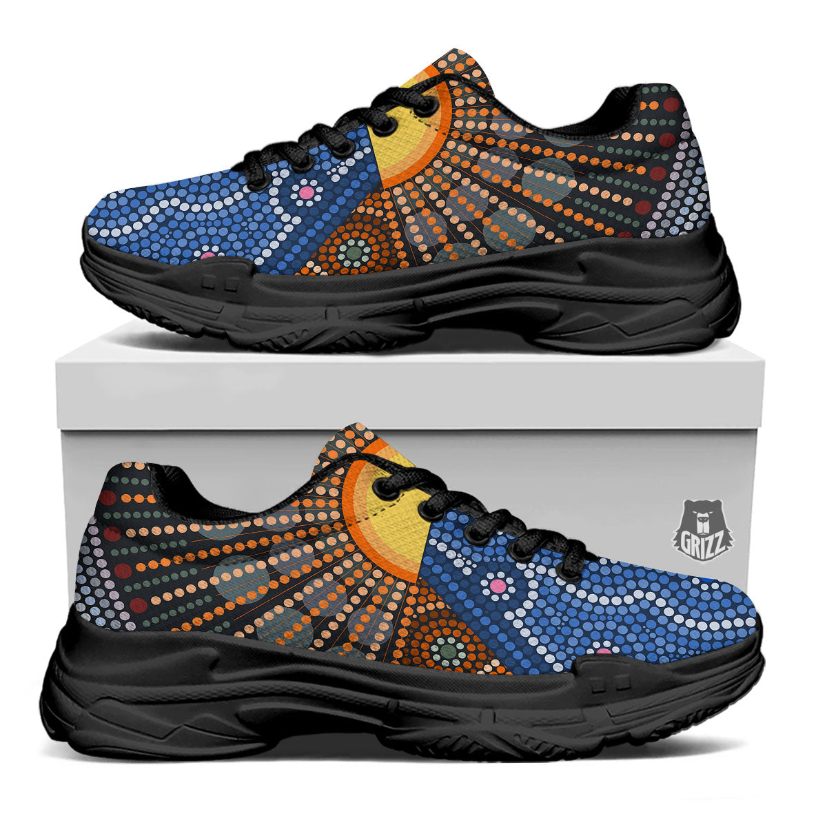 Sunset Art Aboriginal Indigenous Print Black Chunky Shoes-grizzshop