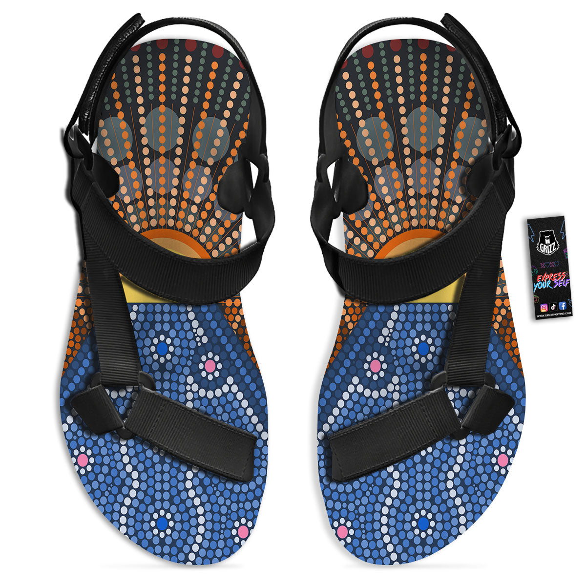 Sunset Art Aboriginal Indigenous Print Black Open Toe Sandals-grizzshop