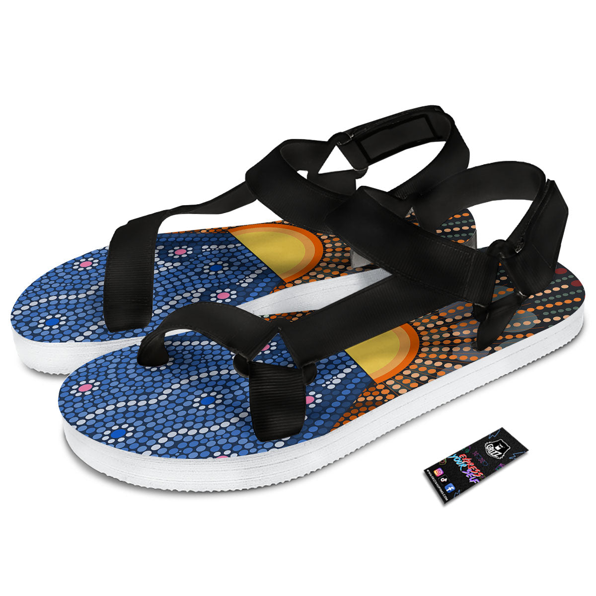 Sunset Art Aboriginal Indigenous Print Black Open Toe Sandals-grizzshop