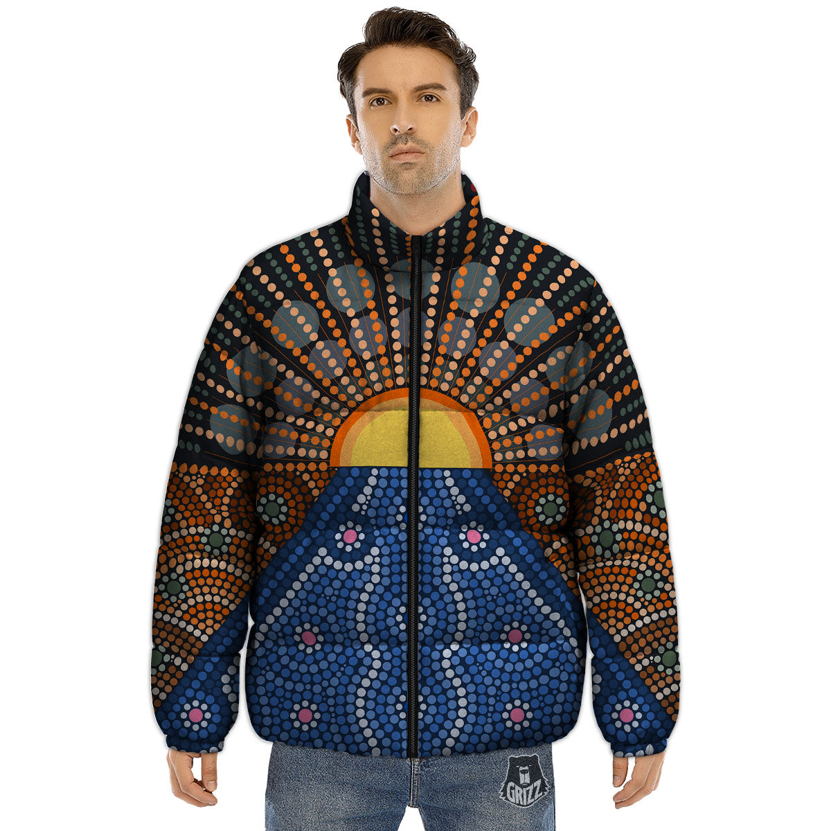 Sunset Art Aboriginal Indigenous Print Puffer Jacket-grizzshop