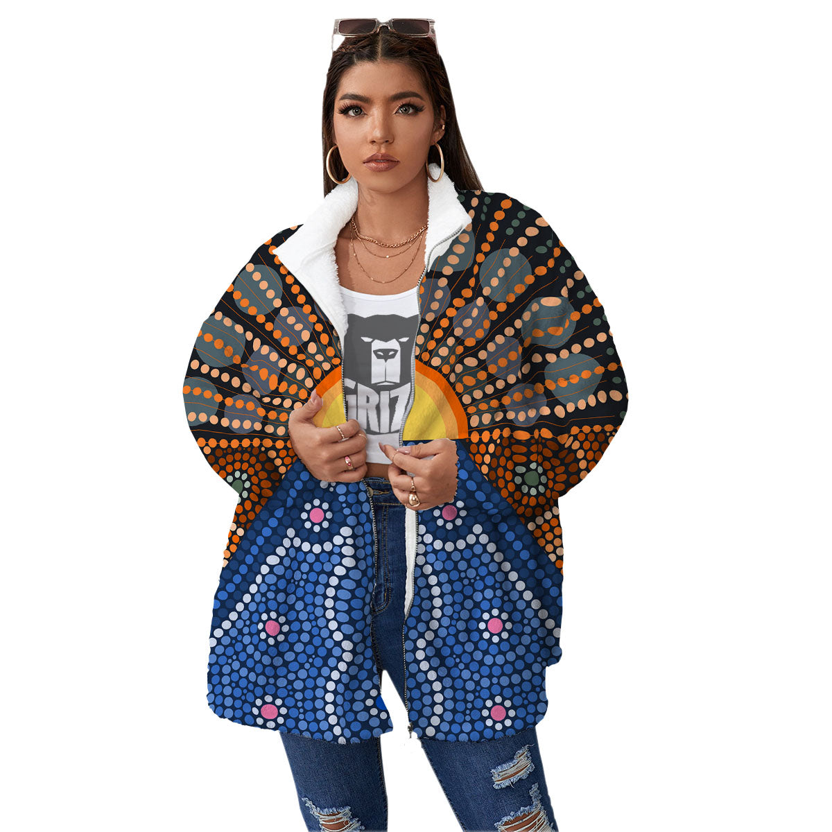 Sunset Art Aboriginal Indigenous Print Women's Sherpa Jacket-grizzshop