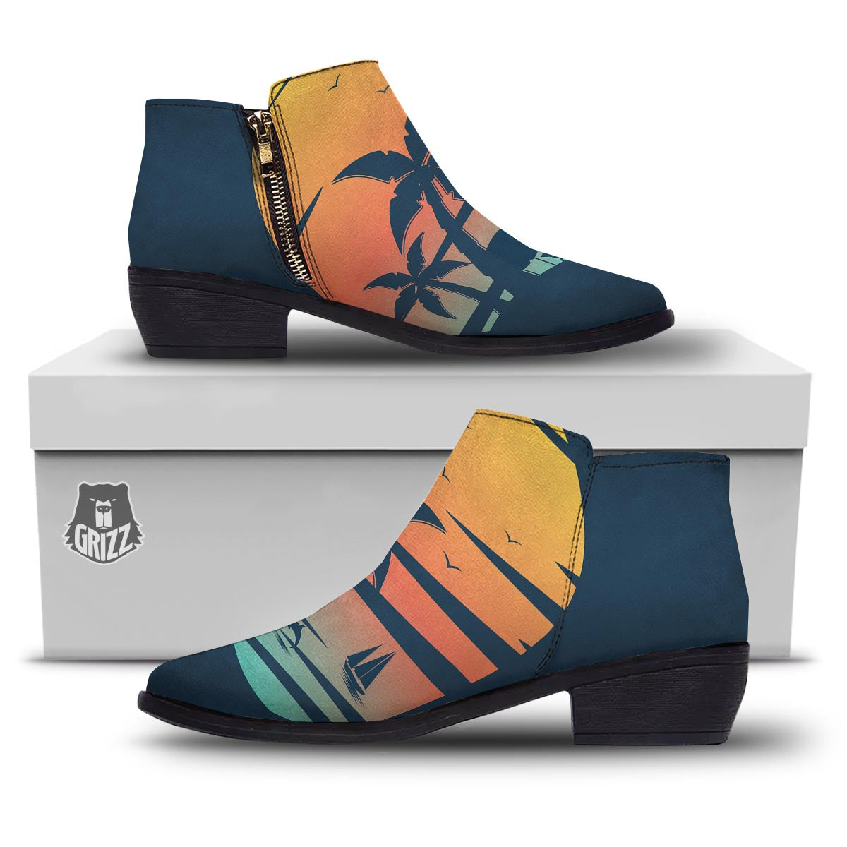 Sunset Beach Tropical Print Ankle Boots-grizzshop