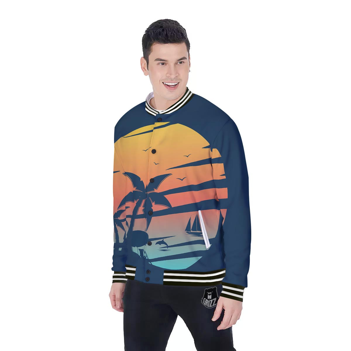 Sunset Beach Tropical Print Baseball Jacket-grizzshop