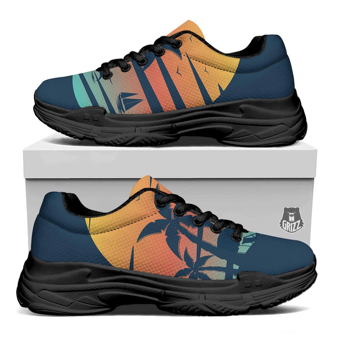 Sunset Beach Tropical Print Black Chunky Shoes-grizzshop