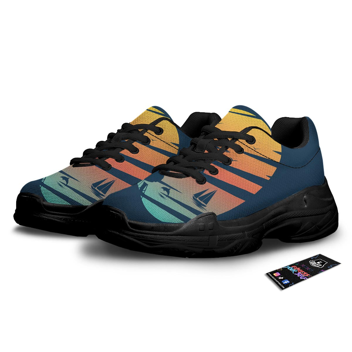Sunset Beach Tropical Print Black Chunky Shoes-grizzshop
