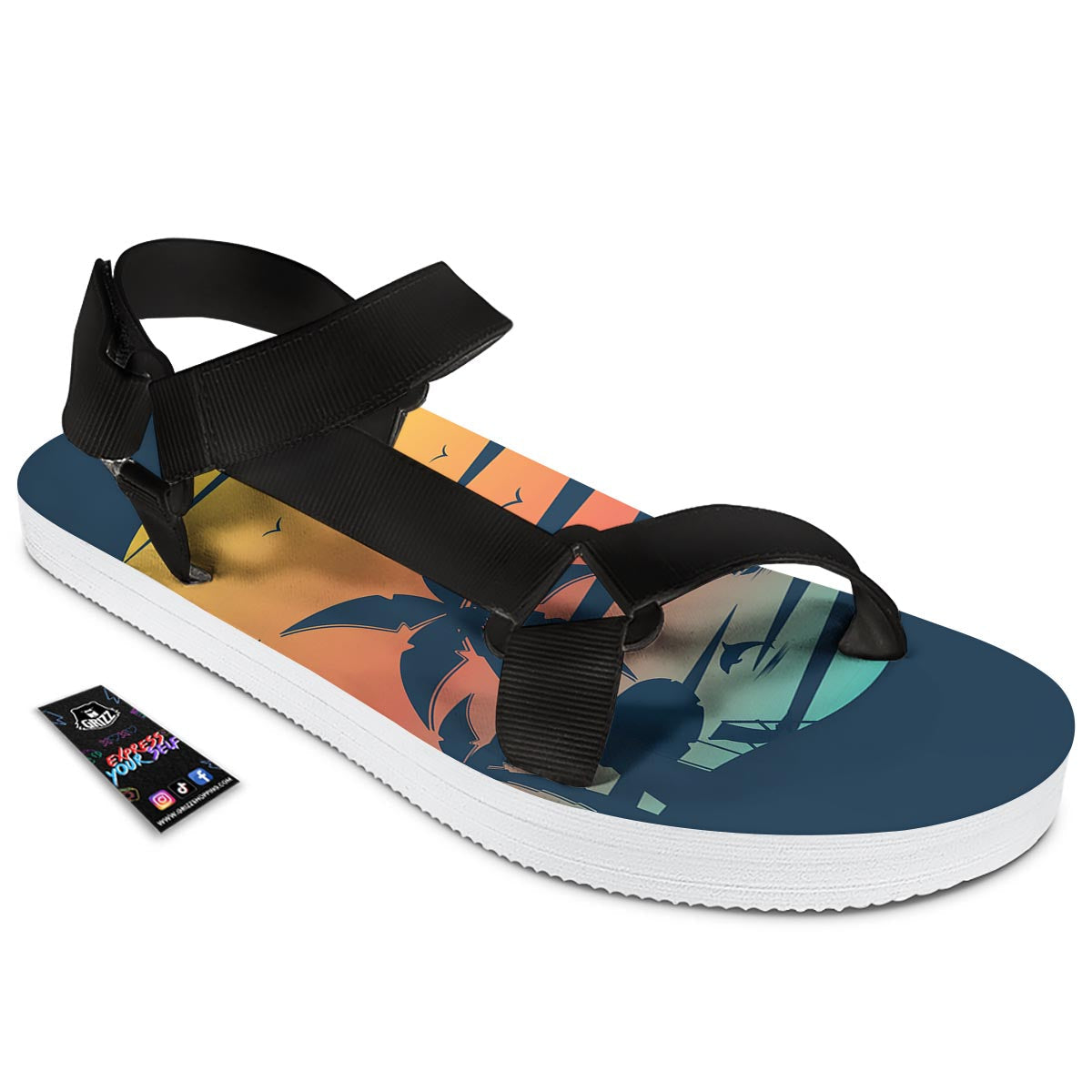 Sunset Beach Tropical Print Black Open Toe Sandals-grizzshop