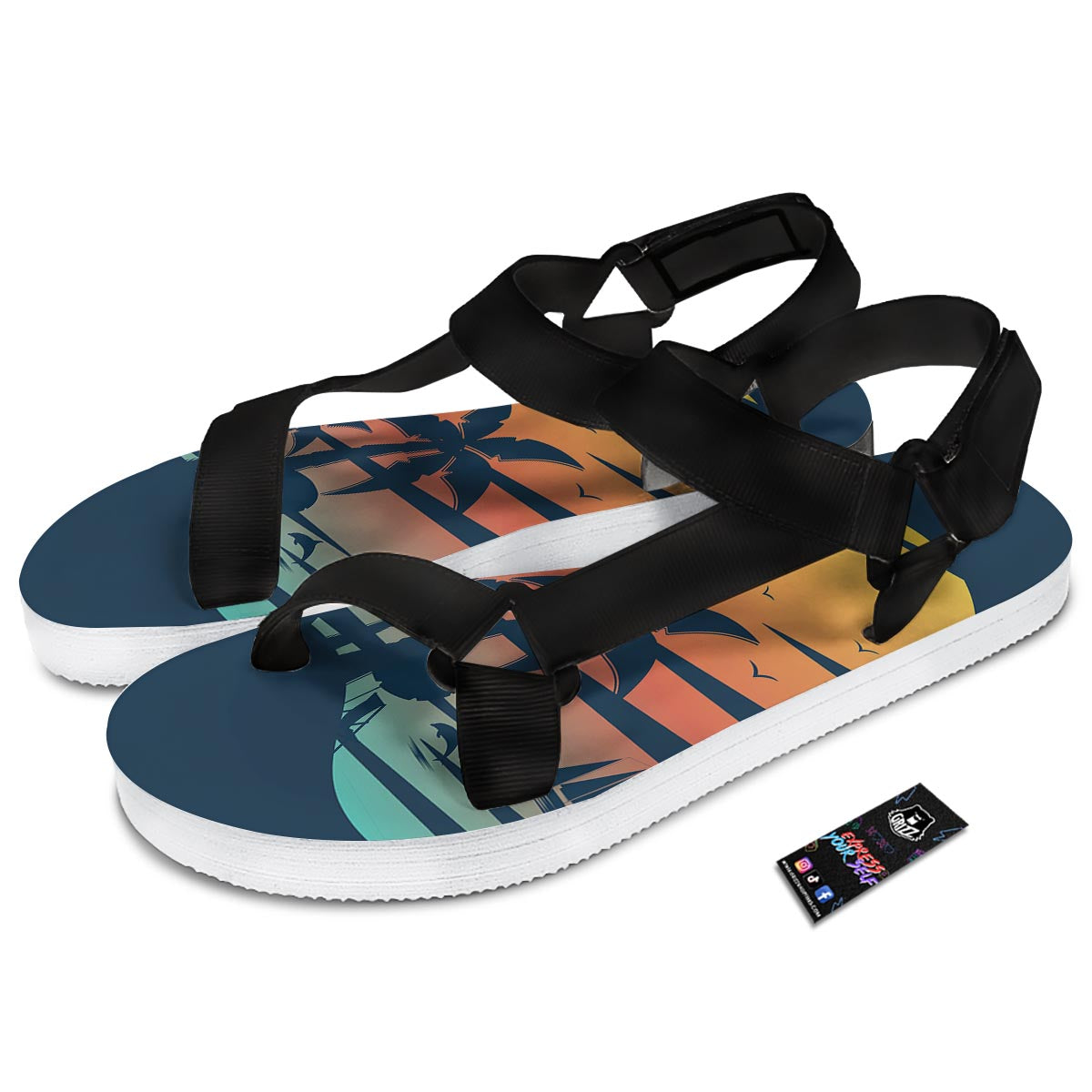 Sunset Beach Tropical Print Black Open Toe Sandals-grizzshop