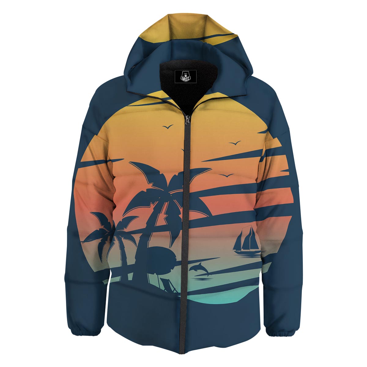 Sunset Beach Tropical Print Down Jacket-grizzshop