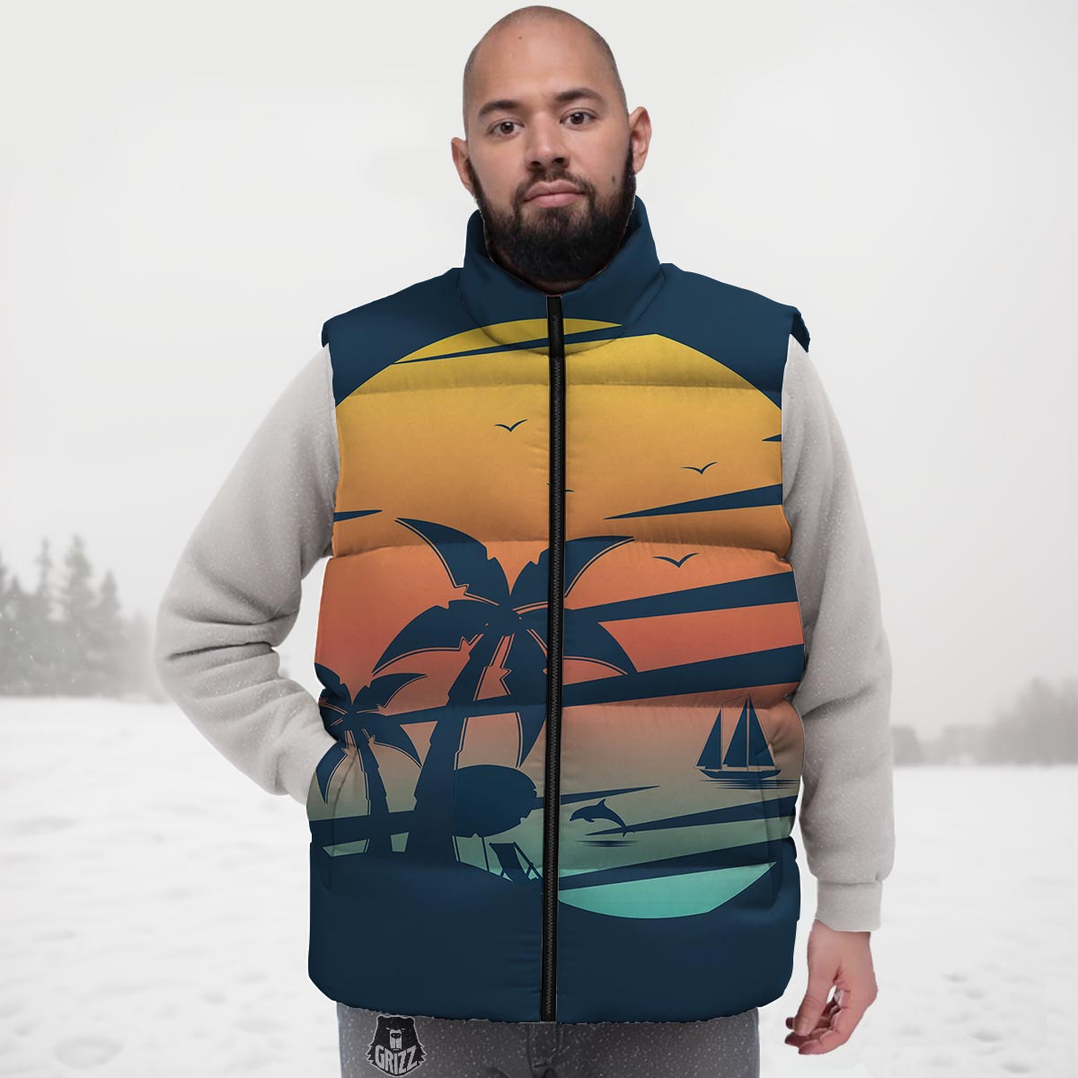 Sunset Beach Tropical Print Down Vest