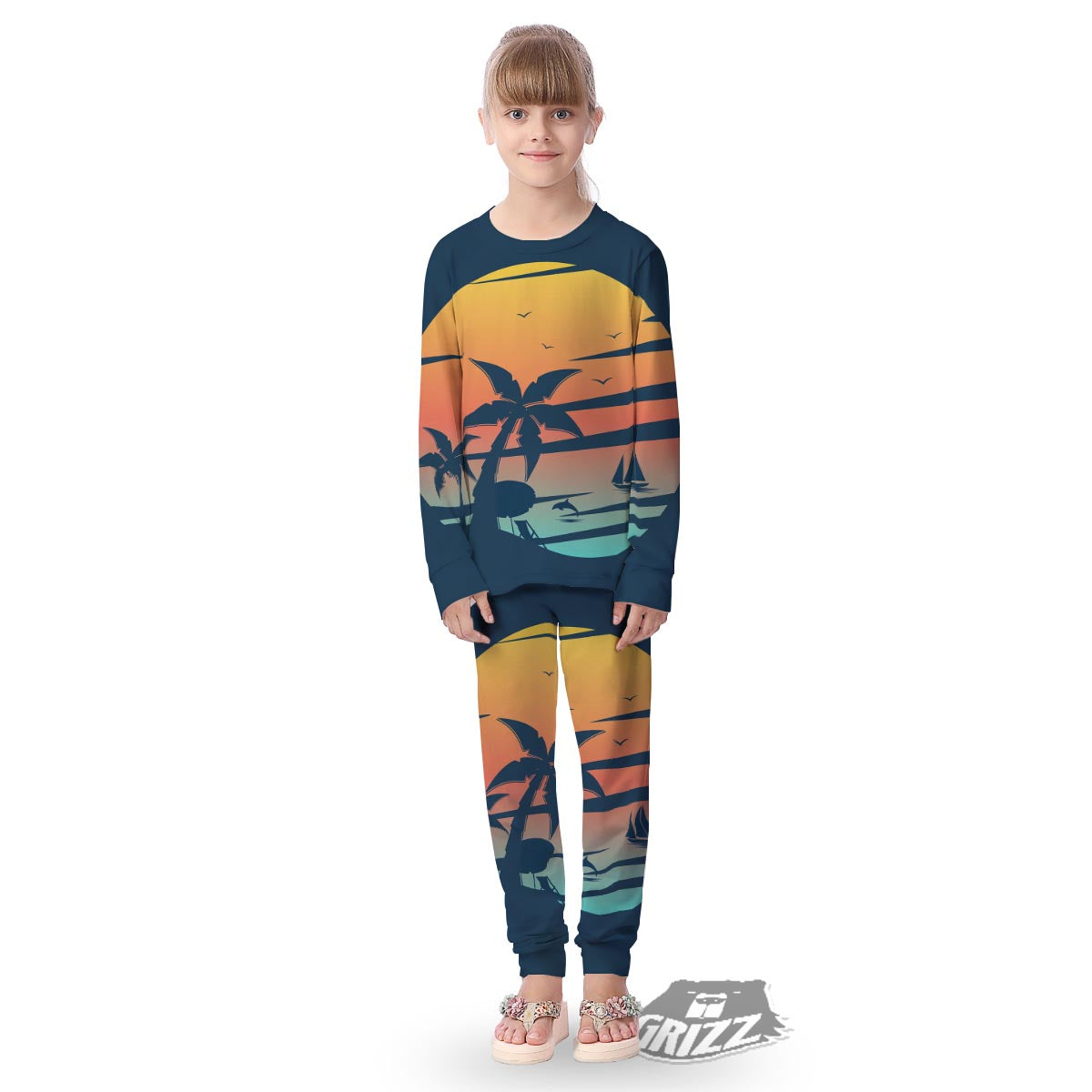 Sunset Beach Tropical Print Kid's Pajamas-grizzshop
