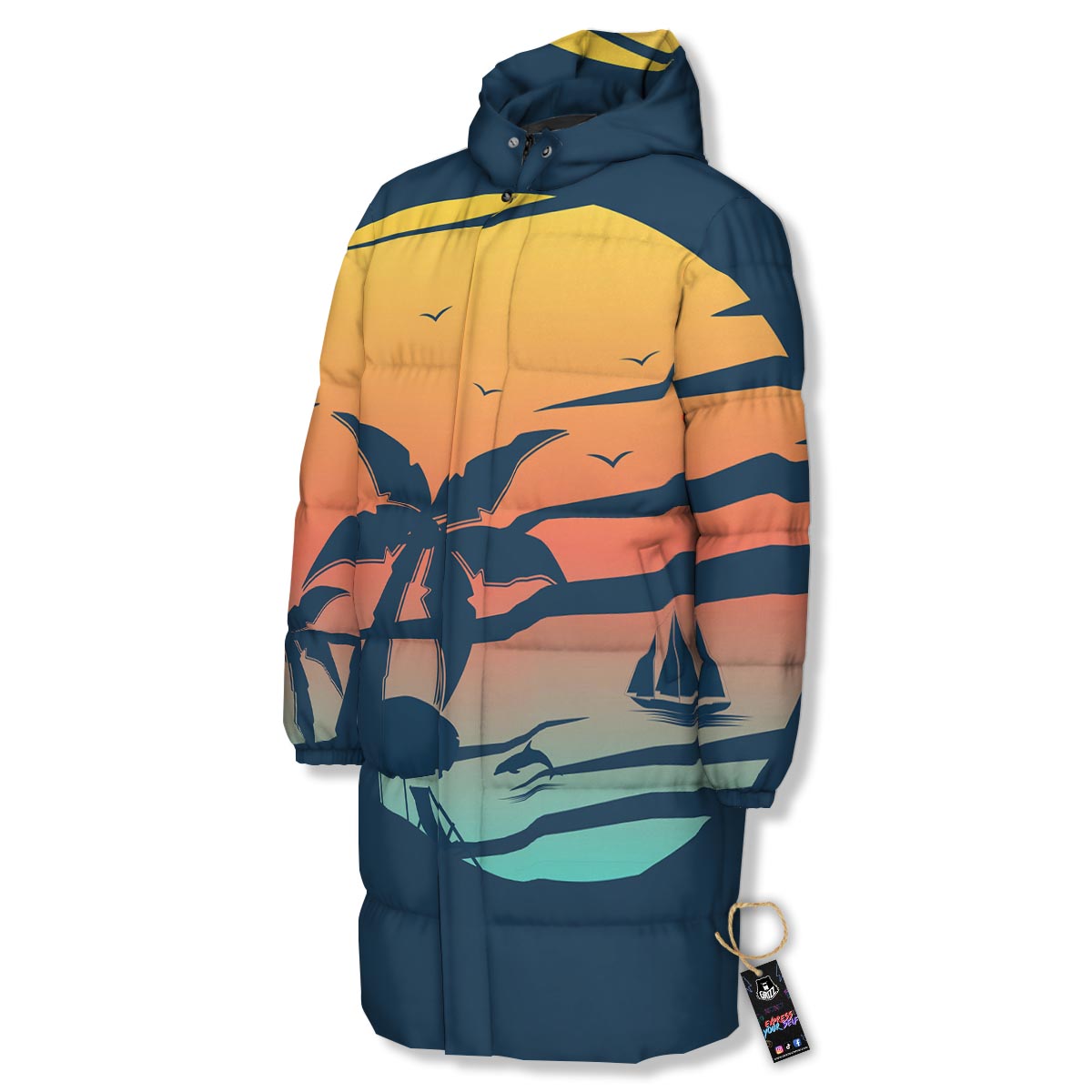 Sunset Beach Tropical Print Long Down Jacket-grizzshop