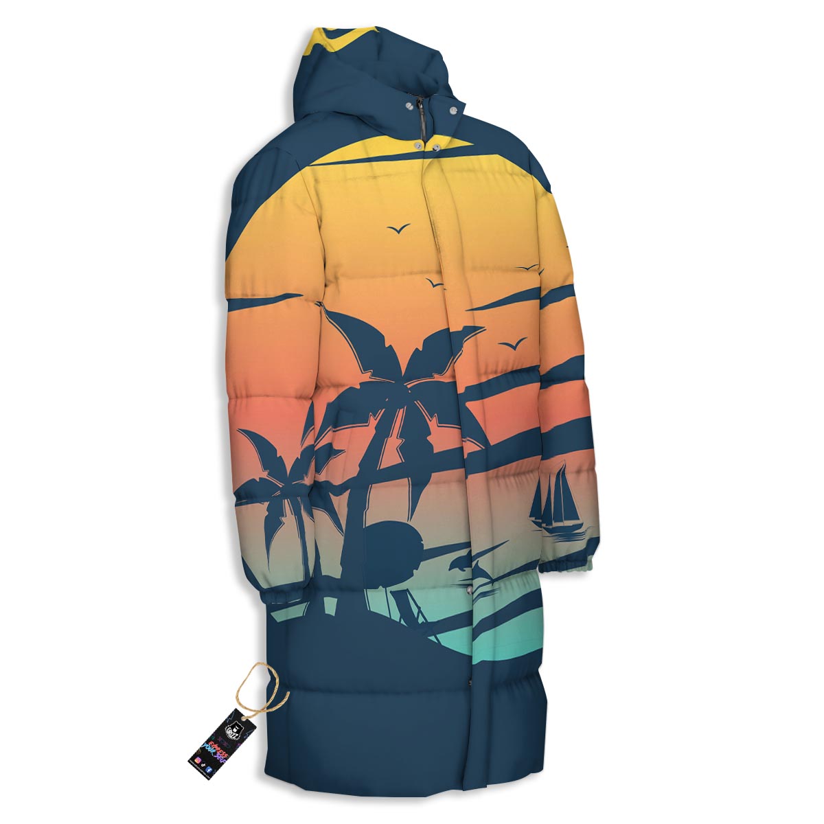 Sunset Beach Tropical Print Long Down Jacket-grizzshop