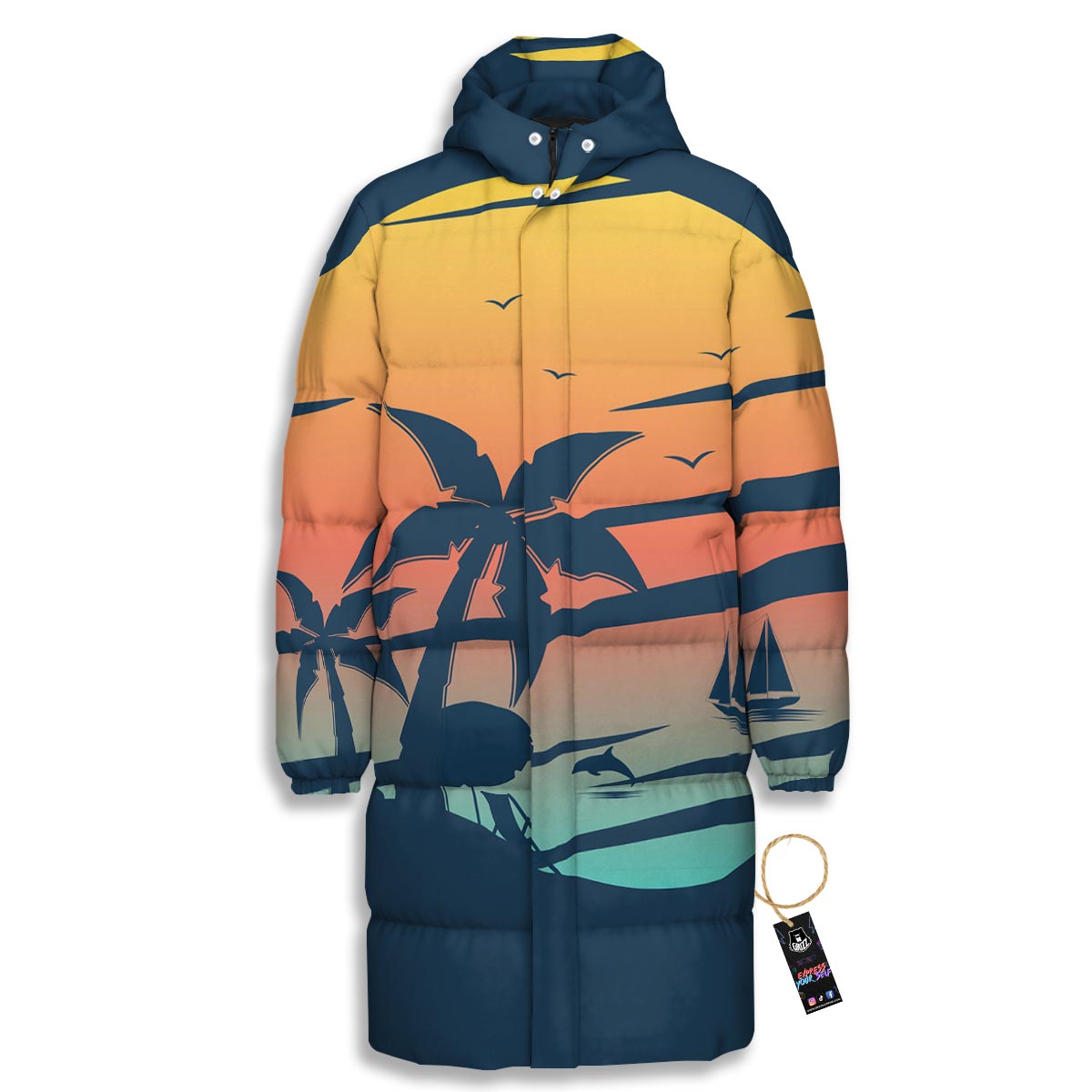 Sunset Beach Tropical Print Long Down Jacket-grizzshop