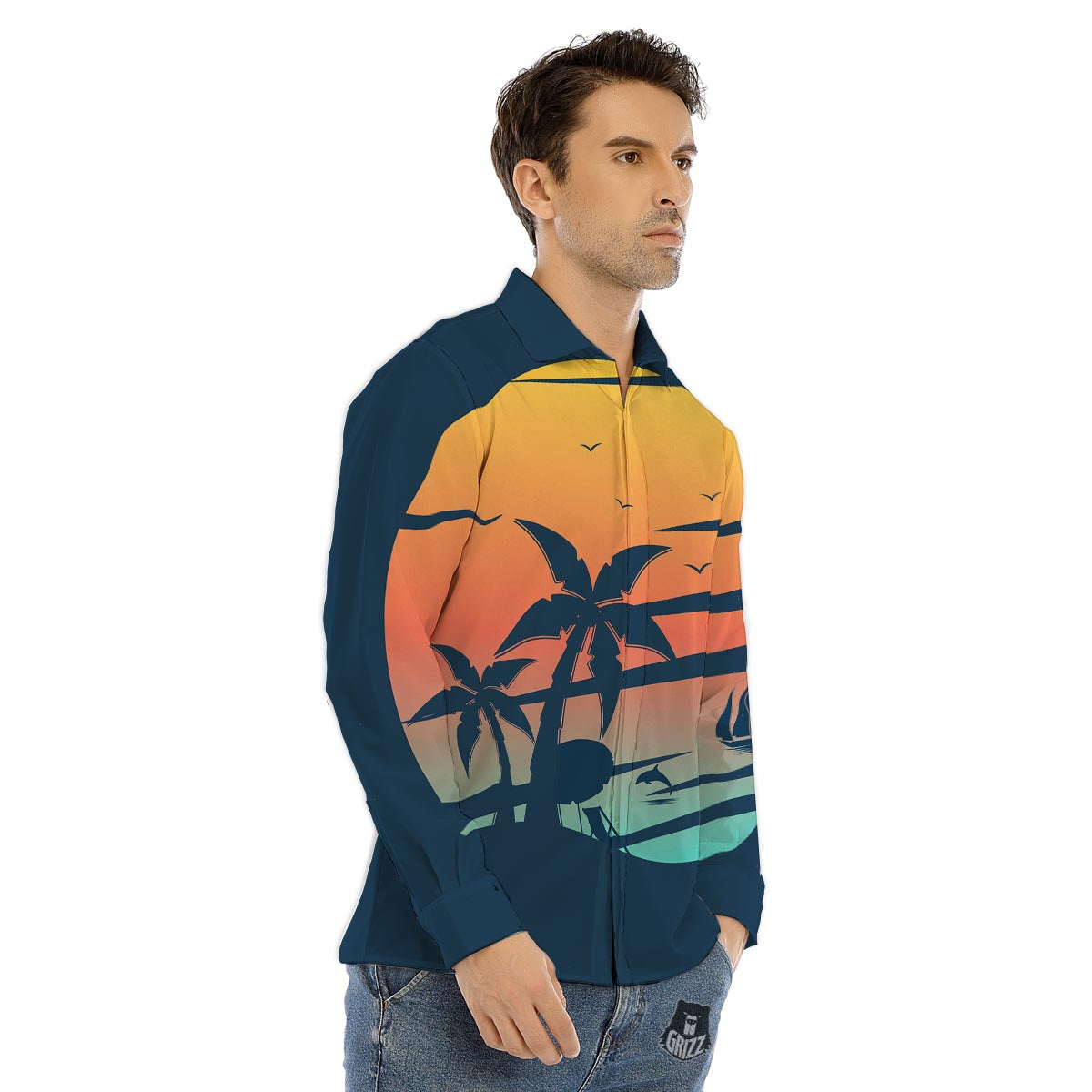 Sunset Beach Tropical Print Men's Dress Shirts-grizzshop