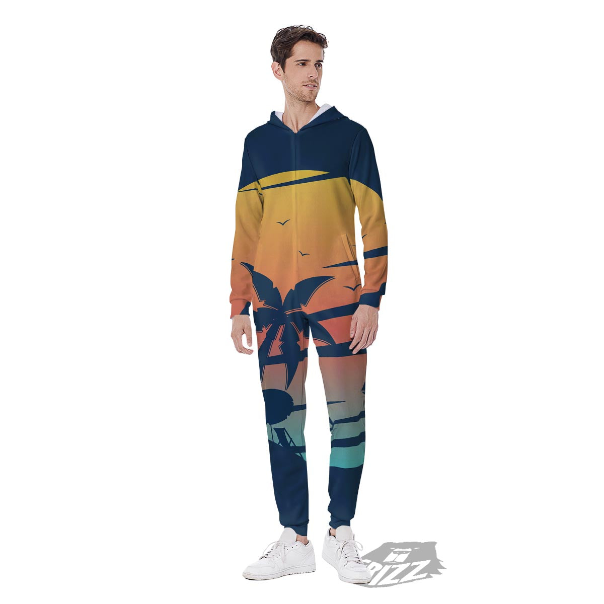 Sunset Beach Tropical Print Men's Jumpsuit-grizzshop