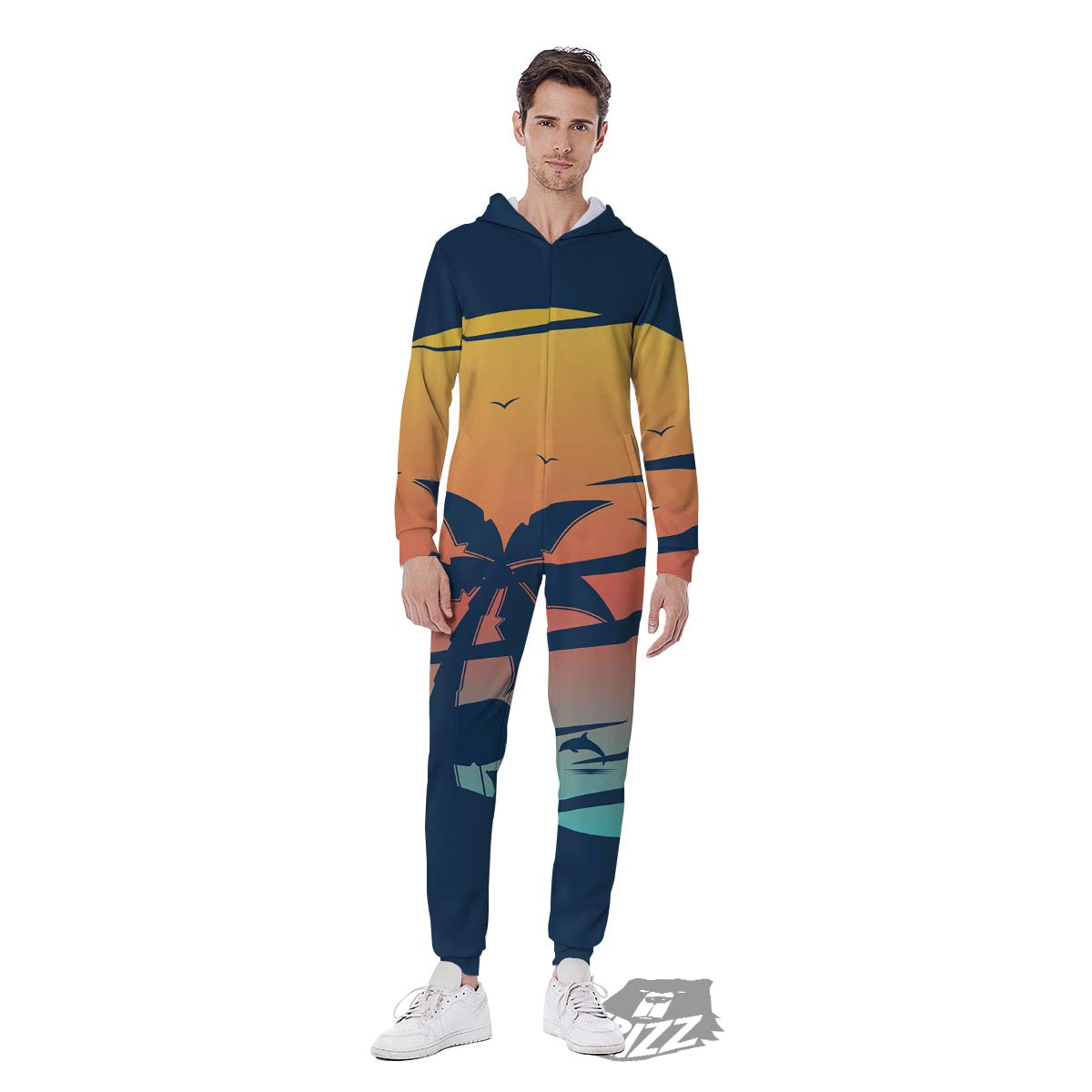 Sunset Beach Tropical Print Men's Jumpsuit-grizzshop