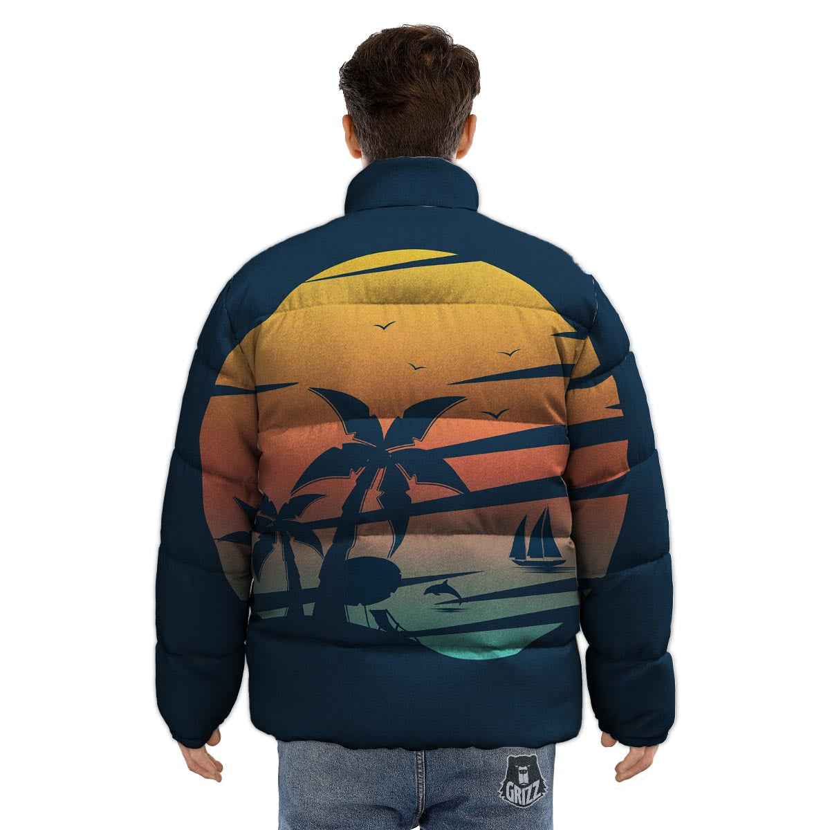 Sunset Beach Tropical Print Puffer Jacket-grizzshop