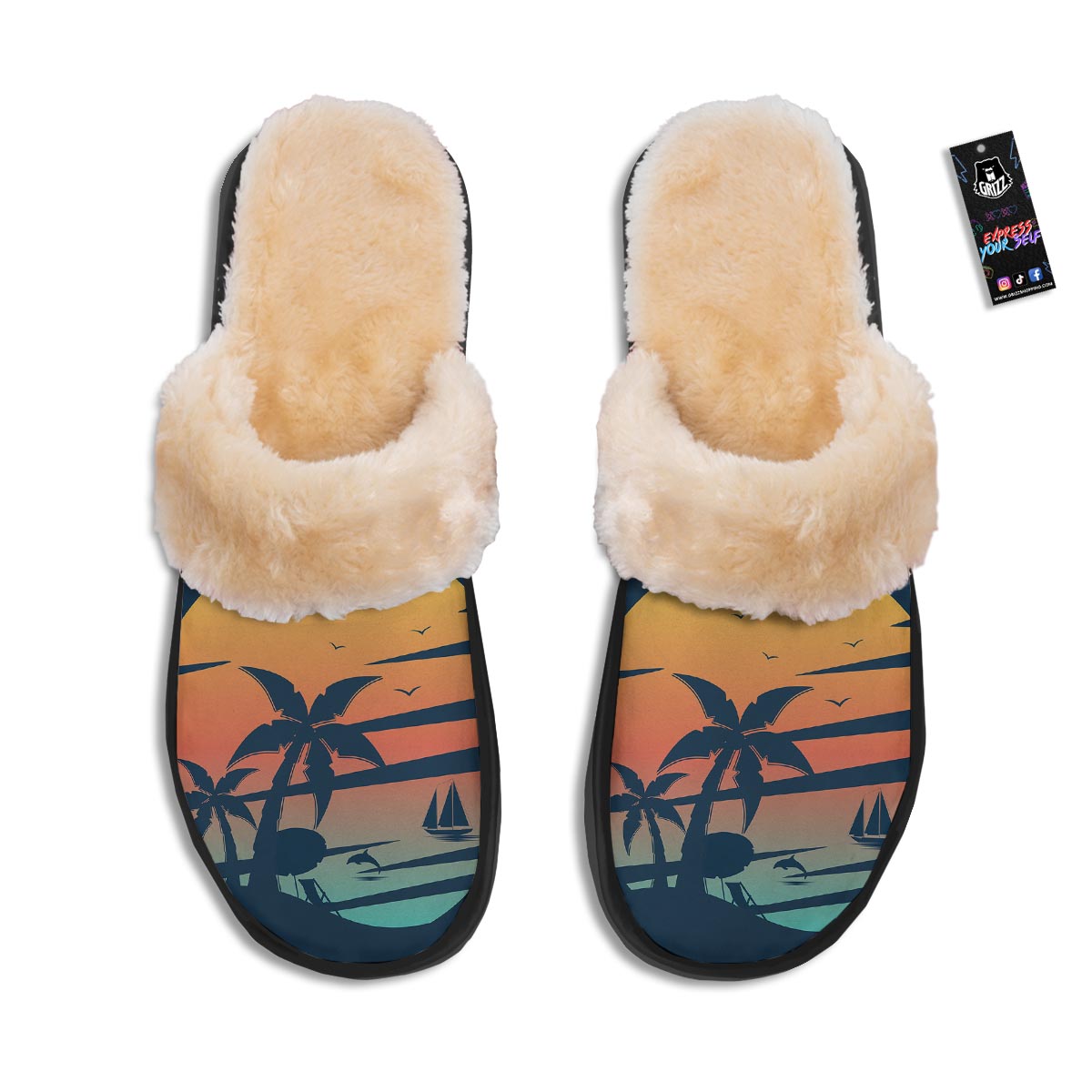Sunset Beach Tropical Print Slippers-grizzshop