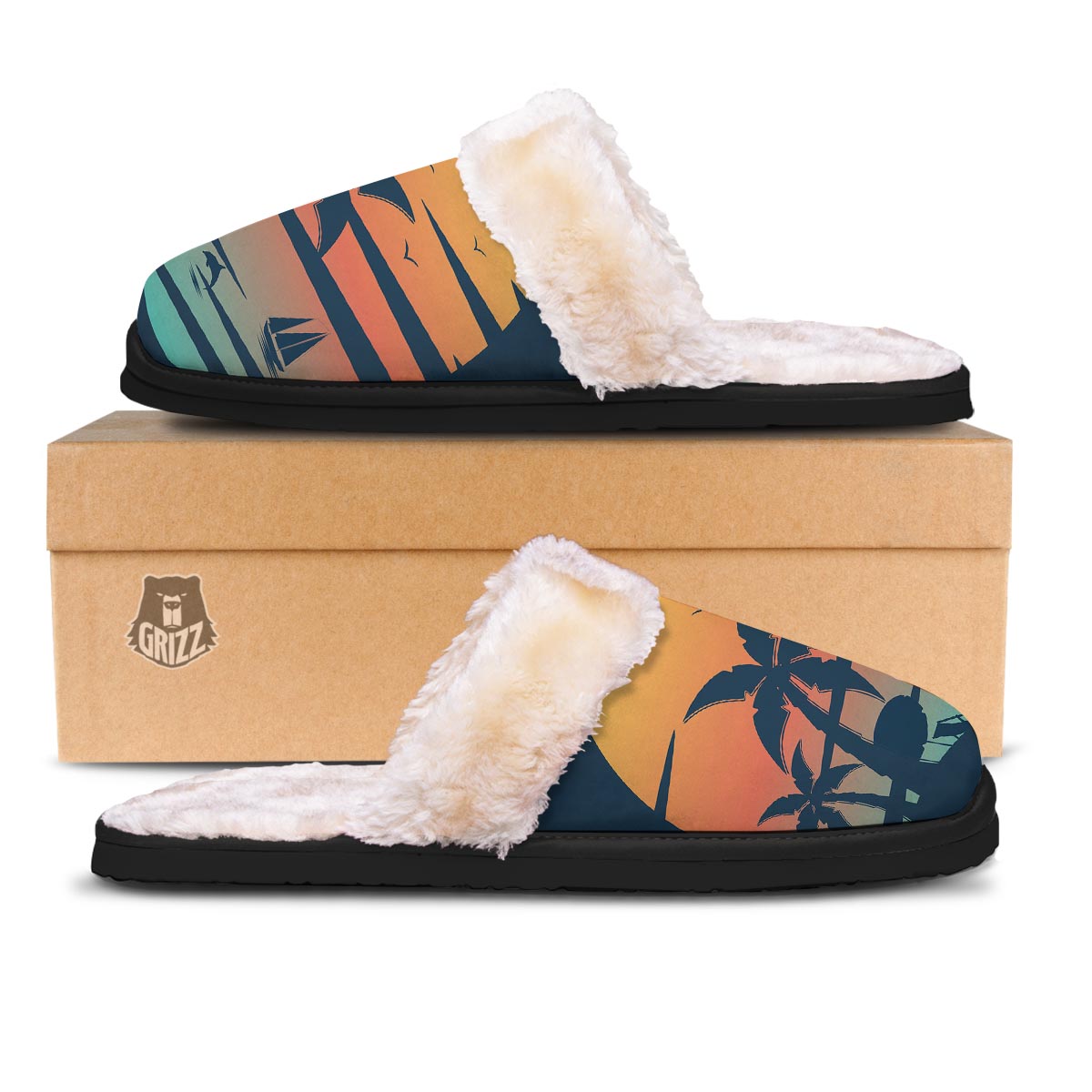 Sunset Beach Tropical Print Slippers-grizzshop