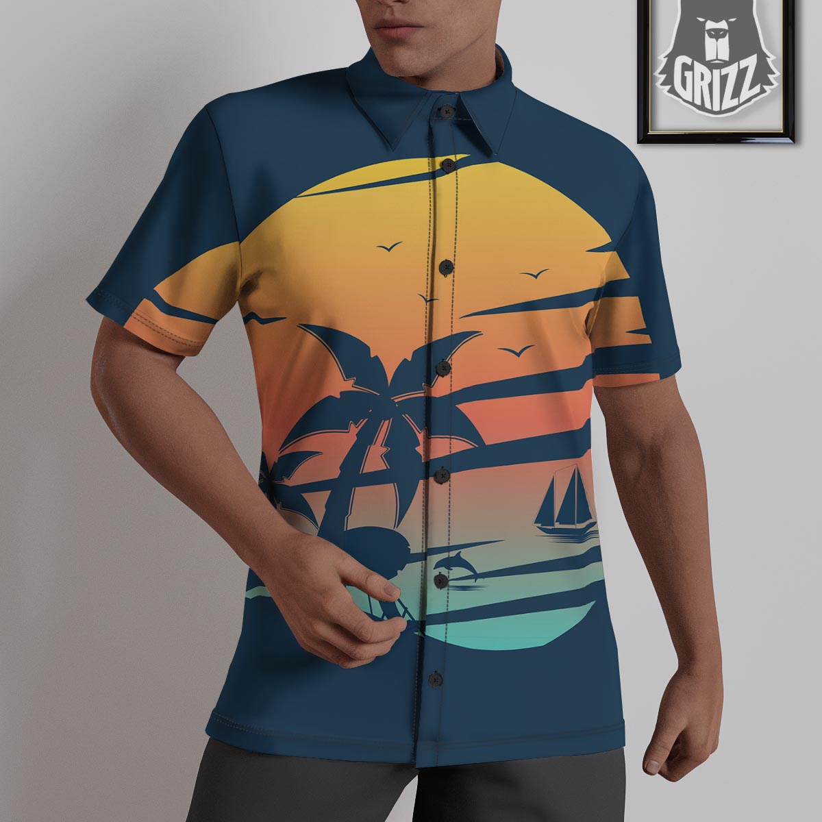 Sunset Beach Tropical Print Untucked Shirts-grizzshop