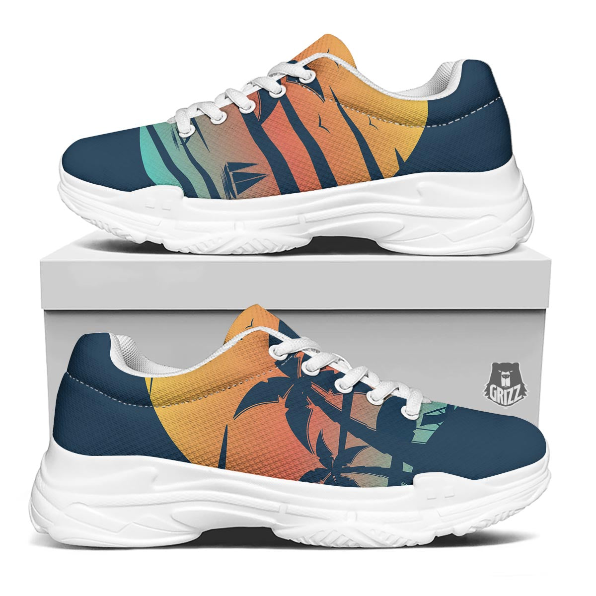 Sunset Beach Tropical Print White Chunky Shoes-grizzshop