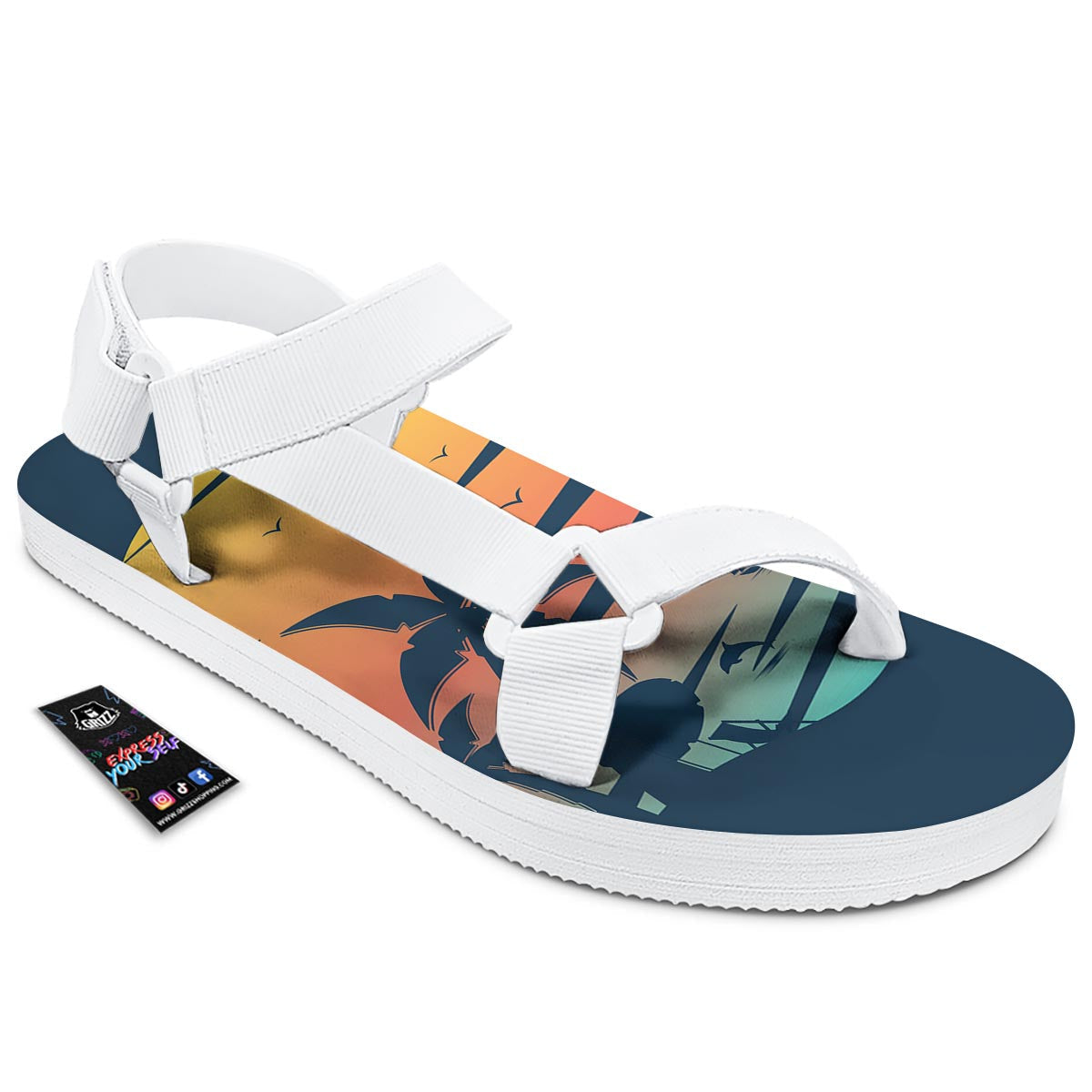 Sunset Beach Tropical Print White Open Toe Sandals-grizzshop