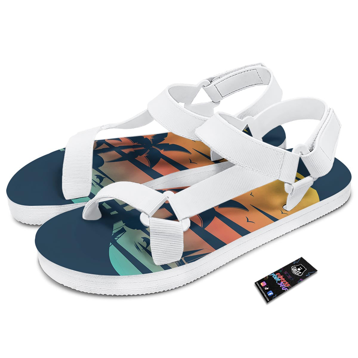 Sunset Beach Tropical Print White Open Toe Sandals-grizzshop
