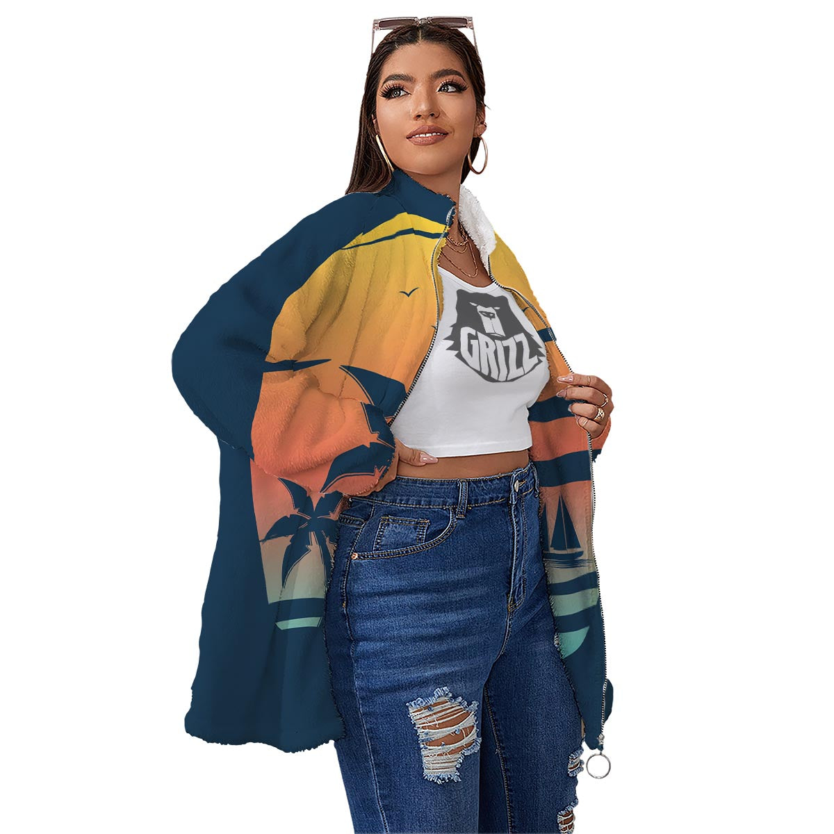 Sunset Beach Tropical Print Women's Sherpa Jacket-grizzshop