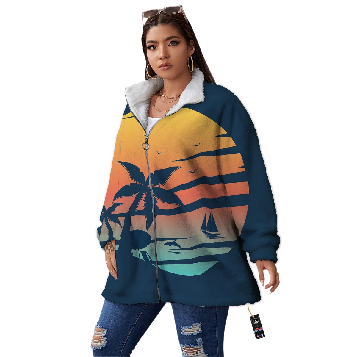 Sunset Beach Tropical Print Women's Sherpa Jacket-grizzshop