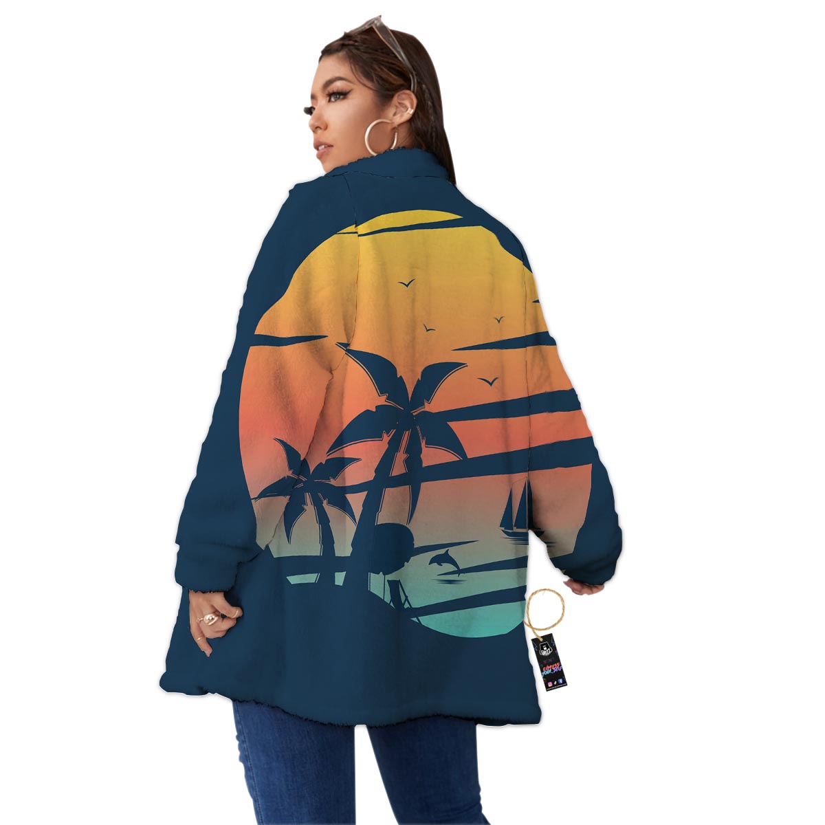 Sunset Beach Tropical Print Women's Sherpa Jacket-grizzshop
