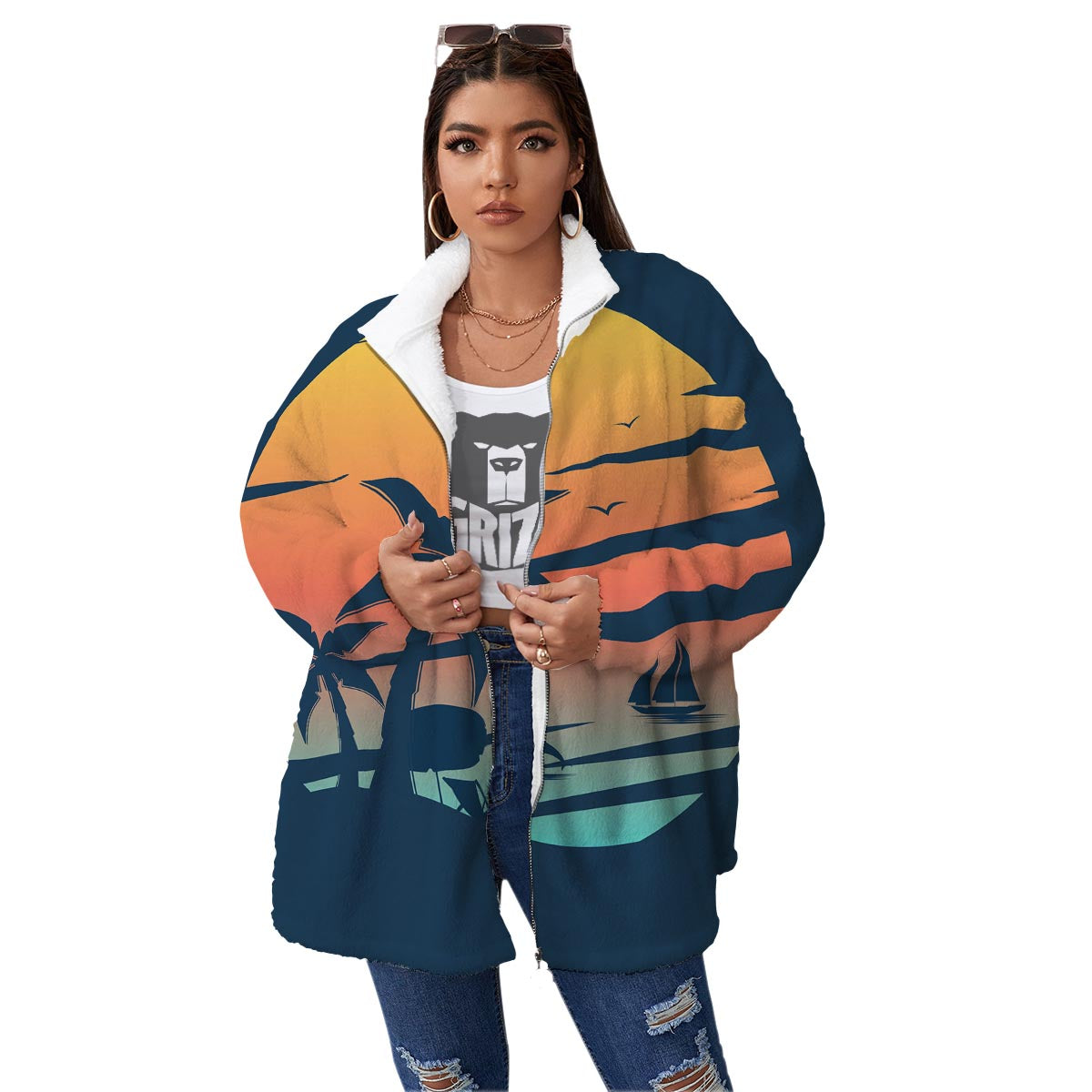 Sunset Beach Tropical Print Women's Sherpa Jacket-grizzshop