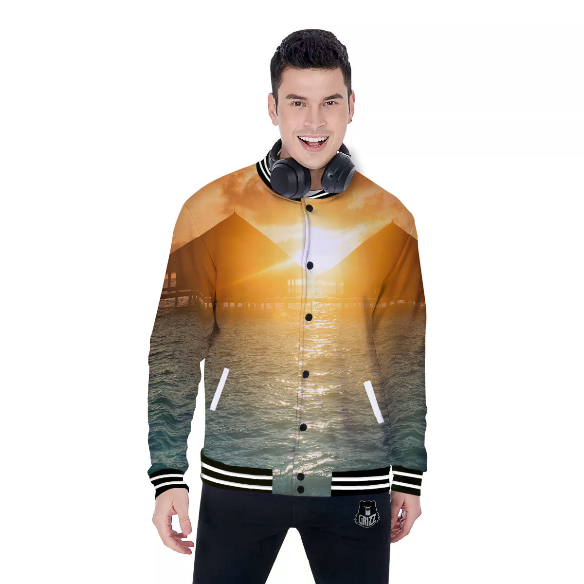Sunset Maldives Print Baseball Jacket-grizzshop