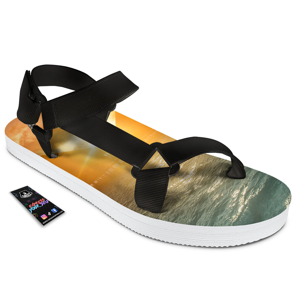 Sunset Maldives Print Black Open Toe Sandals-grizzshop